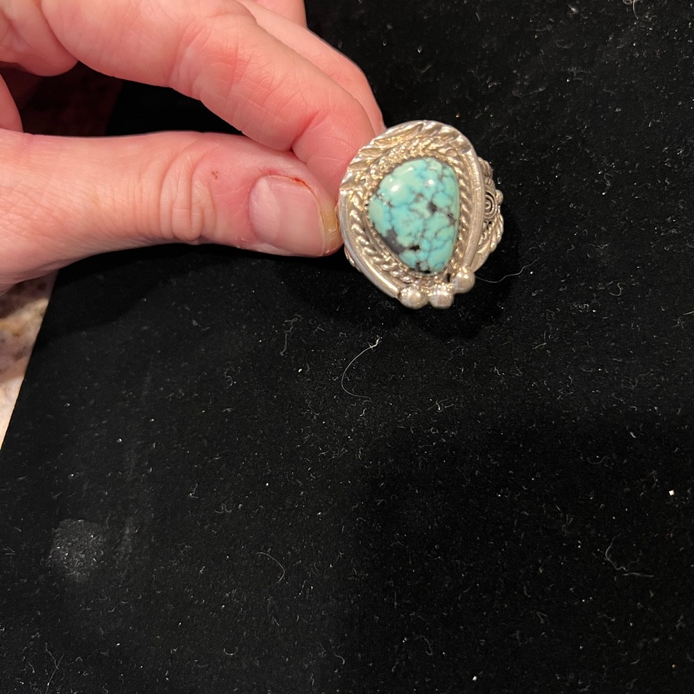 Silver tone and turquoise ring size 14